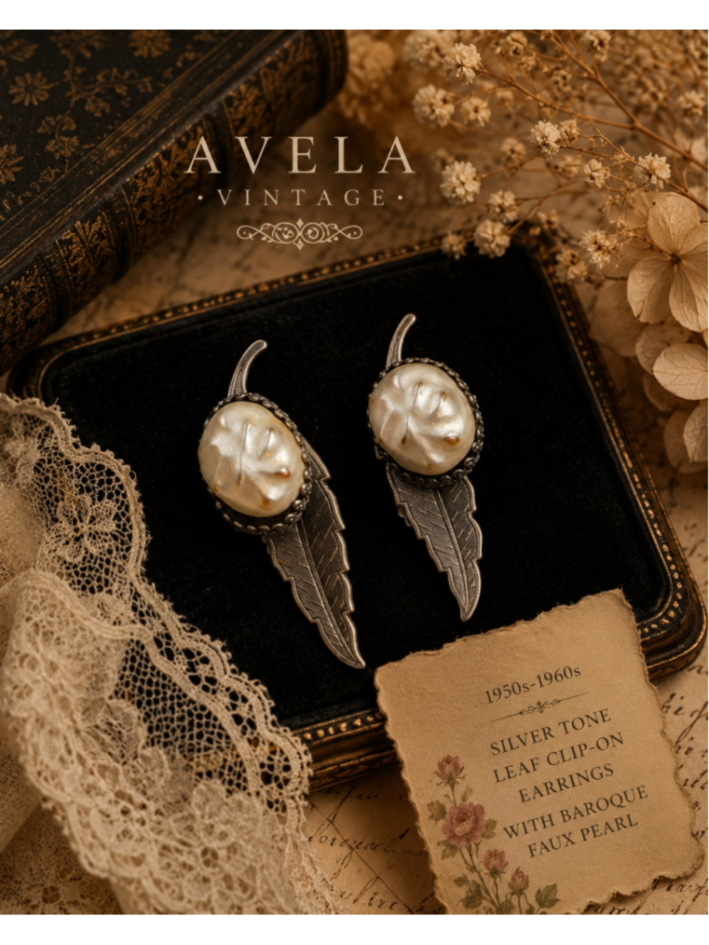 Vintage Silver Tone Leaf Clip-On Earrings with Baroque Faux Pearl | Mid-Century